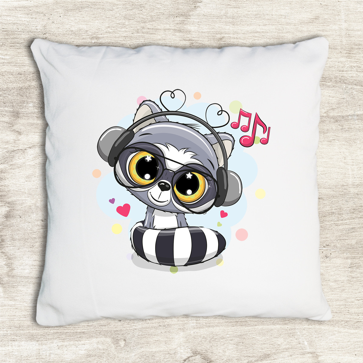 Gối tựa lưng trang trí vải canvas in hình cute cartoon raccoon headphones on G338
