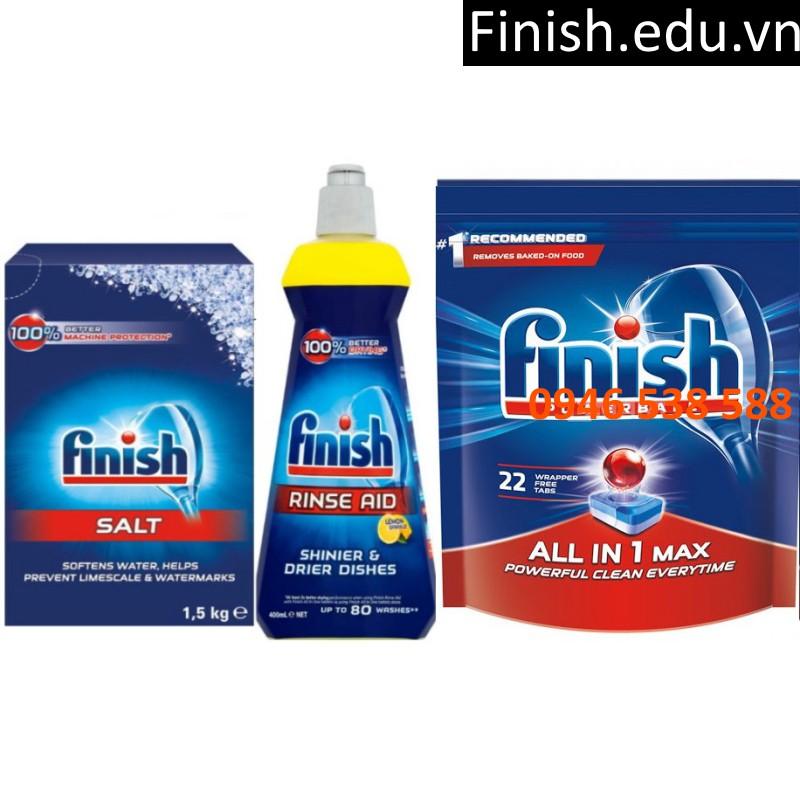 Combo muối Finish 1.5kg + Nước làm bóng Finish 400ml+ viên rửa bát finish 22 tabs dùng cho máy rửa bát