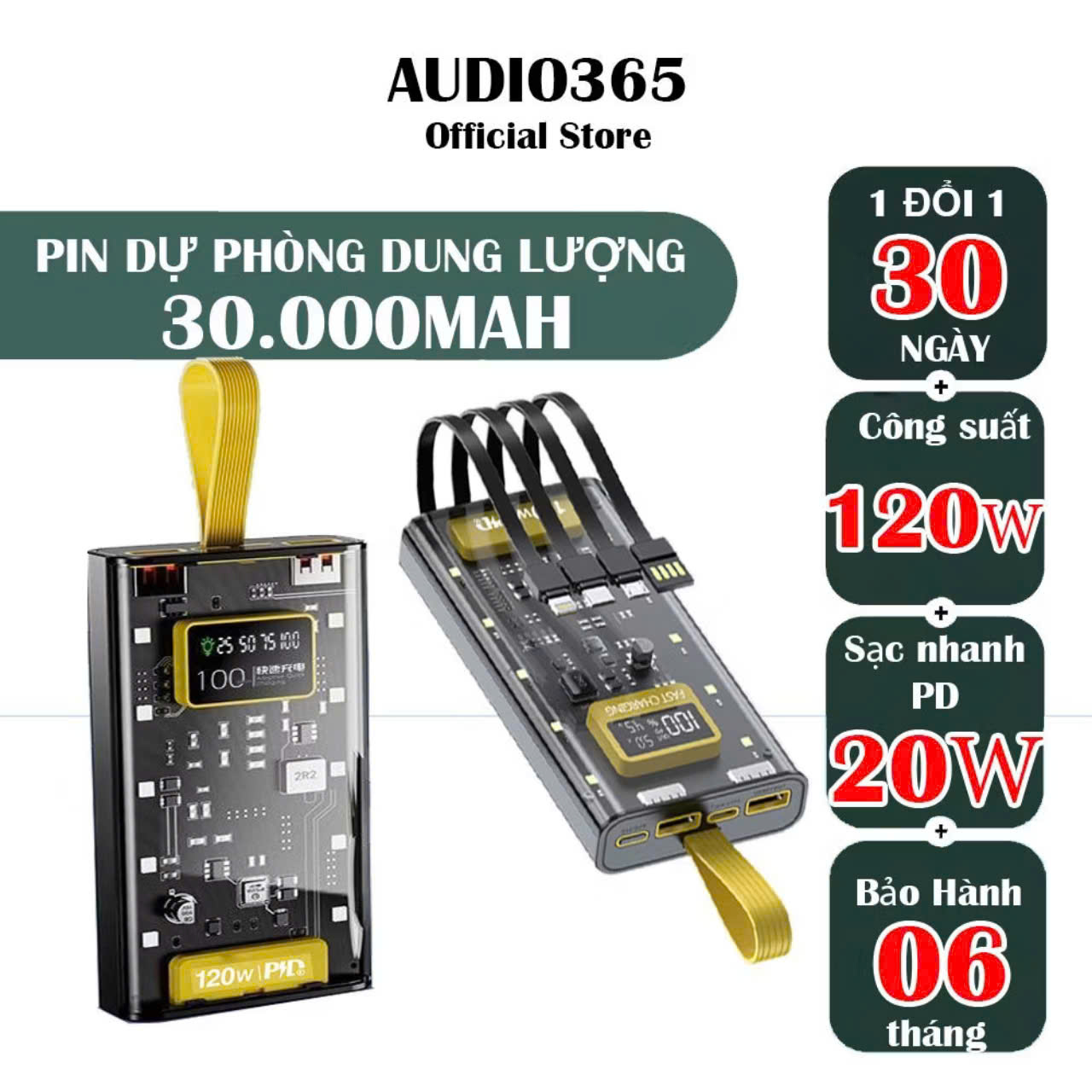 Pin Sạc Dự Phòng 50000mah Tặng cáp sạc nhanh PD 22.5w Trong Suốt Có đồng hồ Hiển Thị Thông Số Sạc Hàng Nhập Khẩu