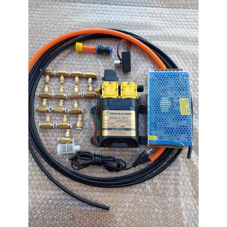 Bộ phun sương SINLEADER đôi kèm nguồn 12v-10a. Điều tốc 12v. 15 béc đồng. 25m dây 8mm
