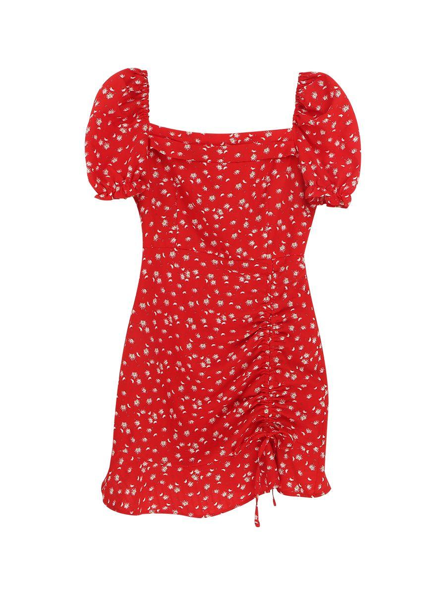 TOBE1SHOP Pháp Vintage màu đỏ mảnh hoa vuông cổ bong bóng tay áo đầm 2023 mùa hè eo cao hiển thị gầy váy ngắn nữ
