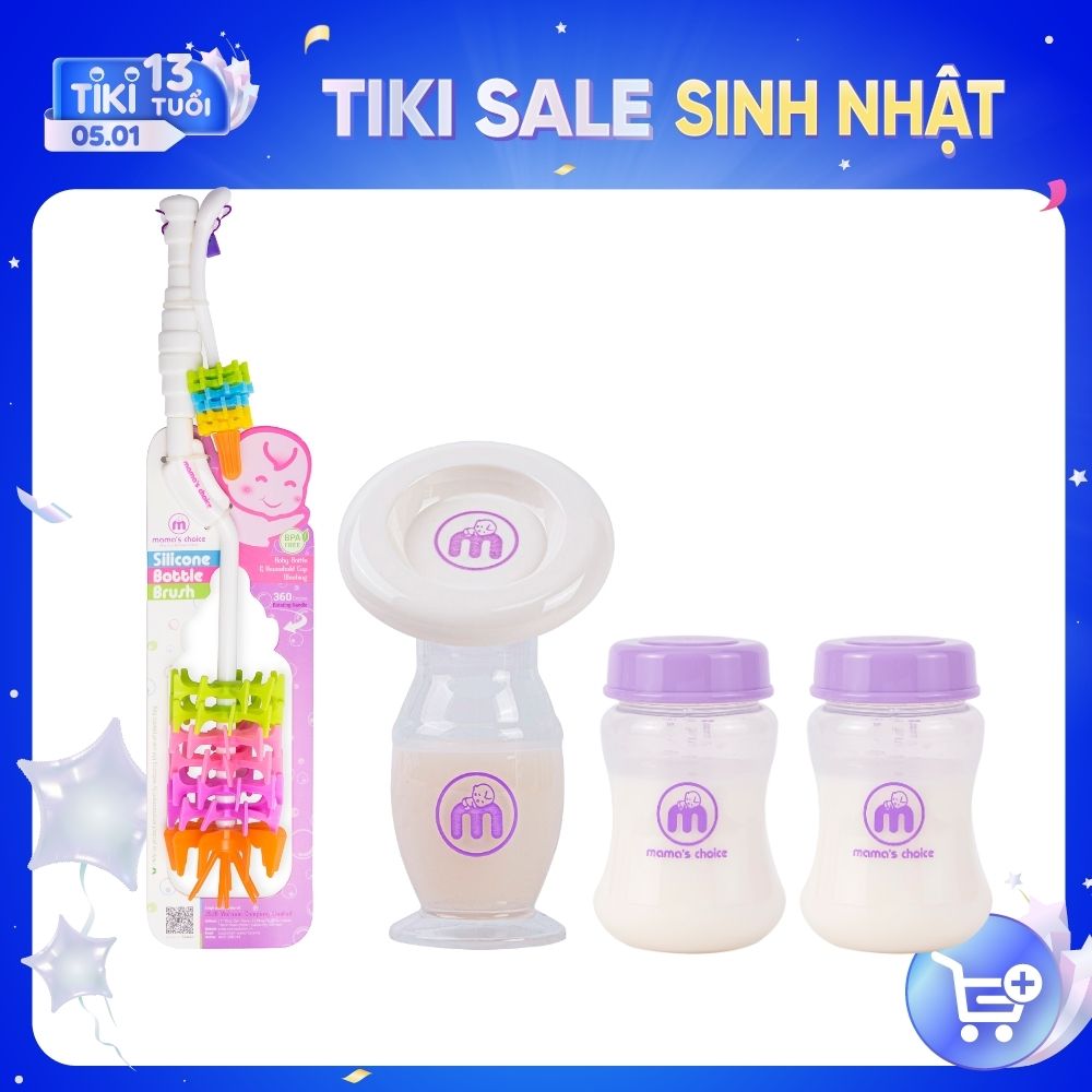 Combo Bình Trữ Sữa Mama's Choice, Cốc Hứng Sữa Rảnh Tay, Chổi Cọ Bình Sữa Và Núm Ti Silicone Mama’s Choice, Giá Siêu Hời