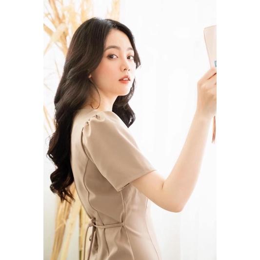 Đầm công sở cổ V phối nút, váy dự tiệc Hàn Quốc nữ trẻ trung, chất liệu mềm mịn cao cấp