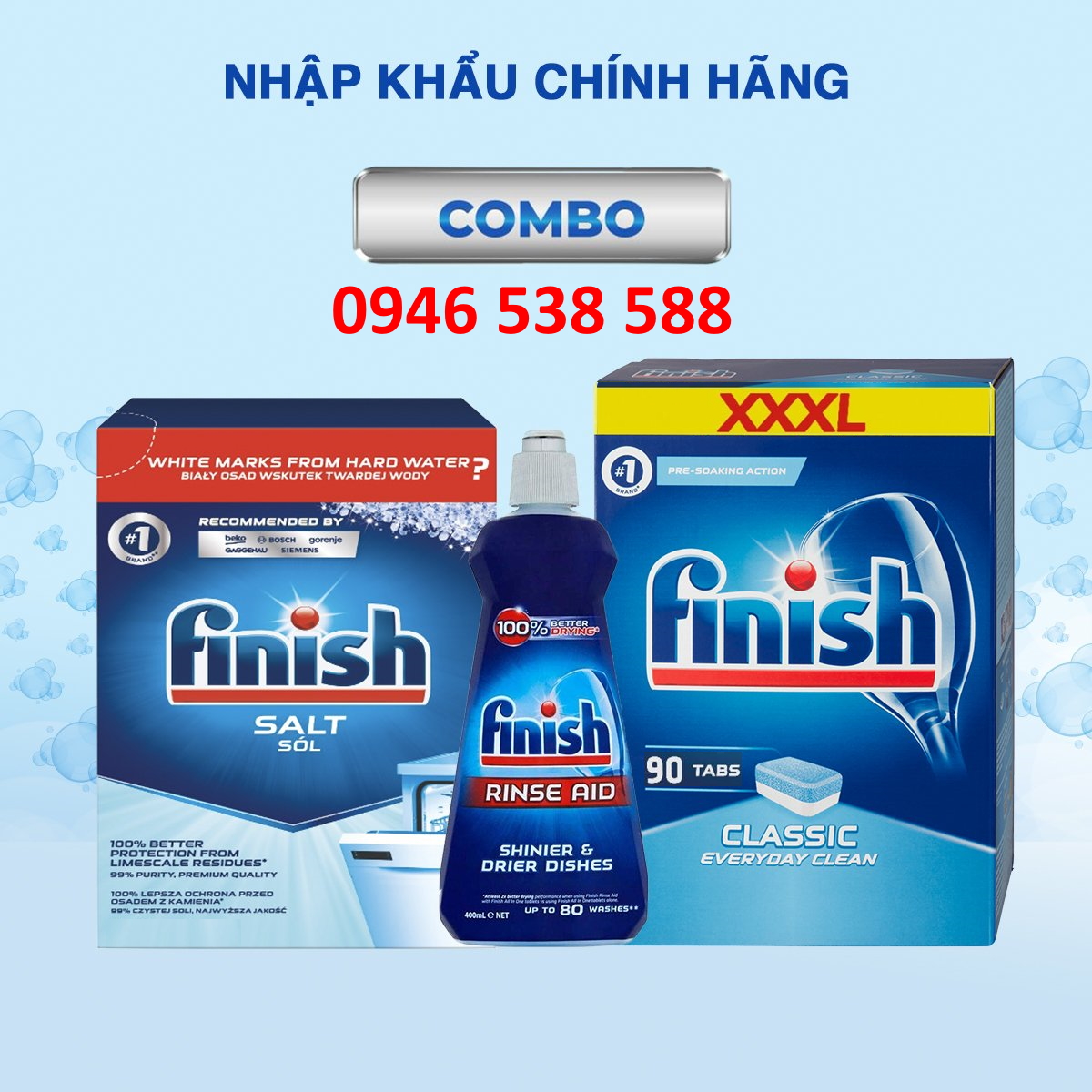 Combo Viên rửa bát Finish Classic 100 viên + Muối Finish 4.0kg + Nước làm bóng Finish 400ml