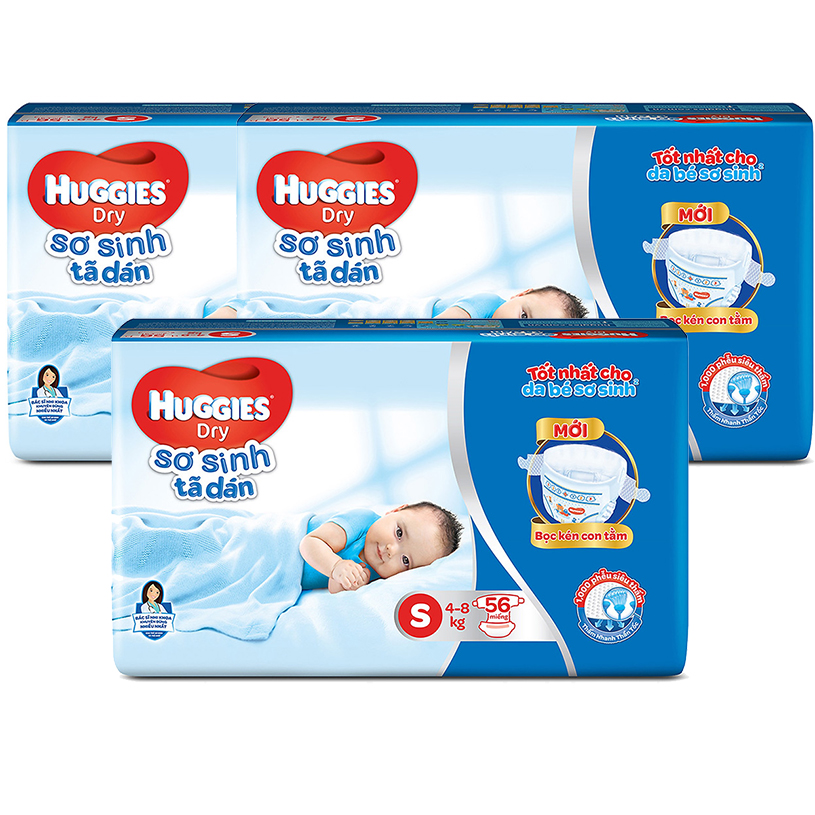 Combo 3 Gói Tã Dán Sơ Sinh Huggies Mới (4-8) kg - Gói 56 Miếng 