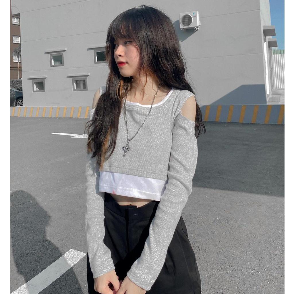 Áo Croptop Nữ Tay Dài DAILY Phối Layer Xẻ Vai Vải Thun Gân Ulzzang