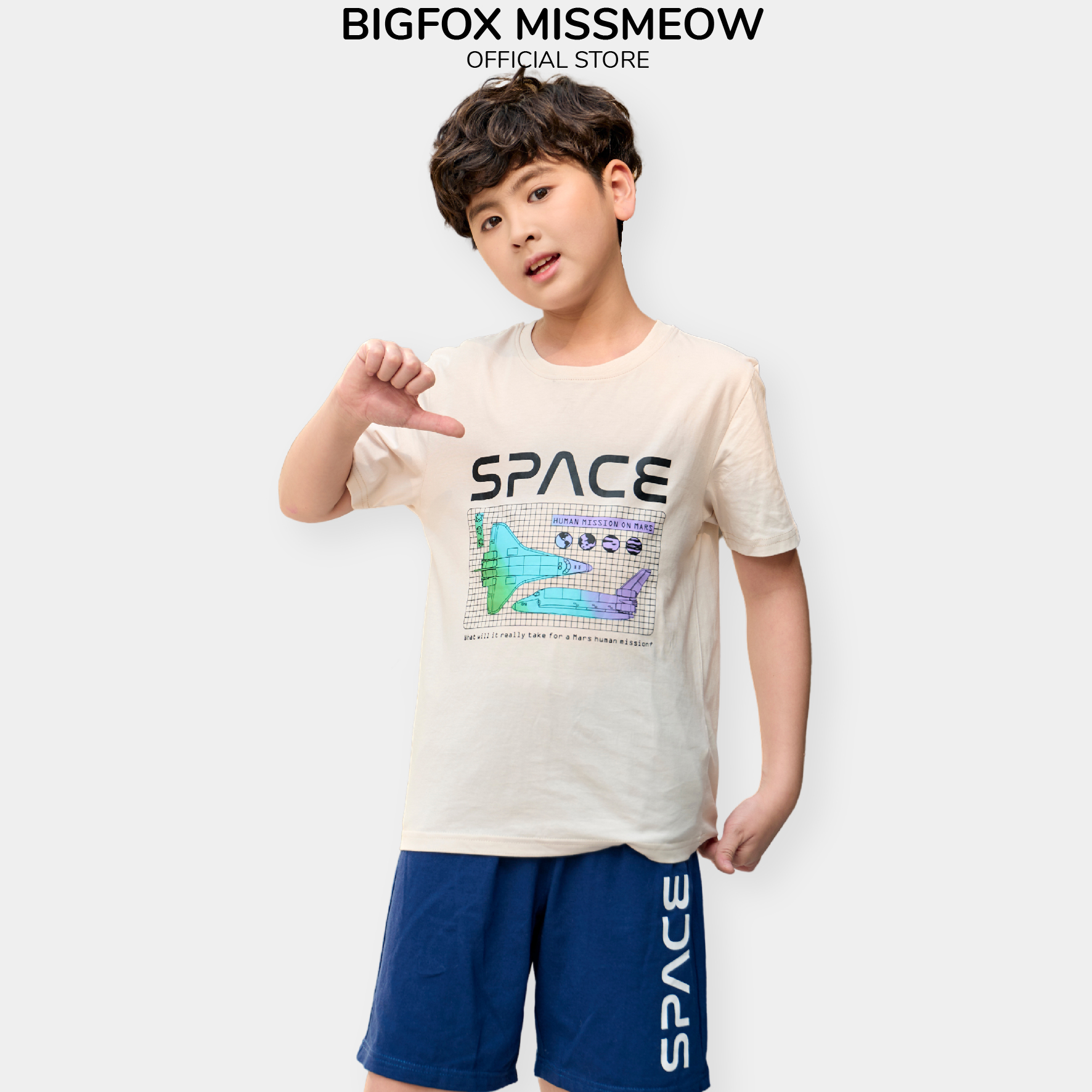 Đồ bộ cộc tay Hàn Quốc Bigfox Miss Meow cho bé trai size đại vải cotton mềm mại in Space cỡ 12-15 tuổi 40kg 50kg