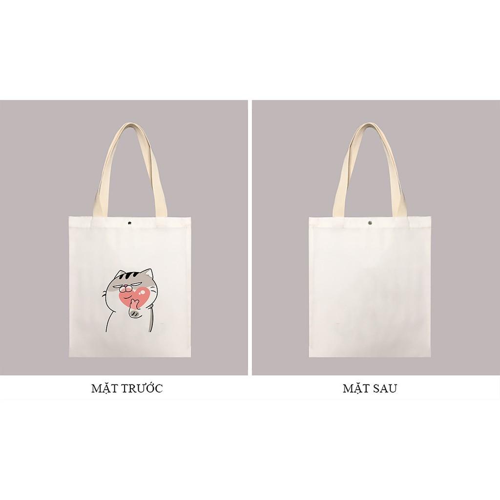 Túi Tote Vải Trắng Kiểu Basic Nút Bấm 33x38cm In Hình Mèo Mập Ami