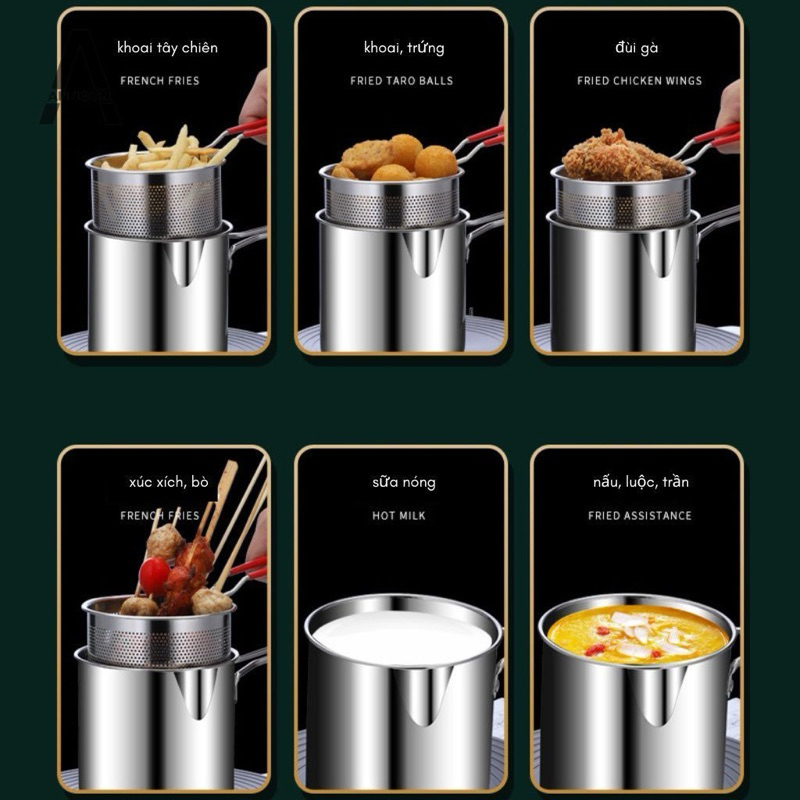 Bộ nồi chiên nhúng ngập dầu mini inox 304, gồm 3 chi tiết (nồi, rây lọc, kẹp gắp) thích hợp chiên khoai tây chiên, trụng bún, hủ tiếu.