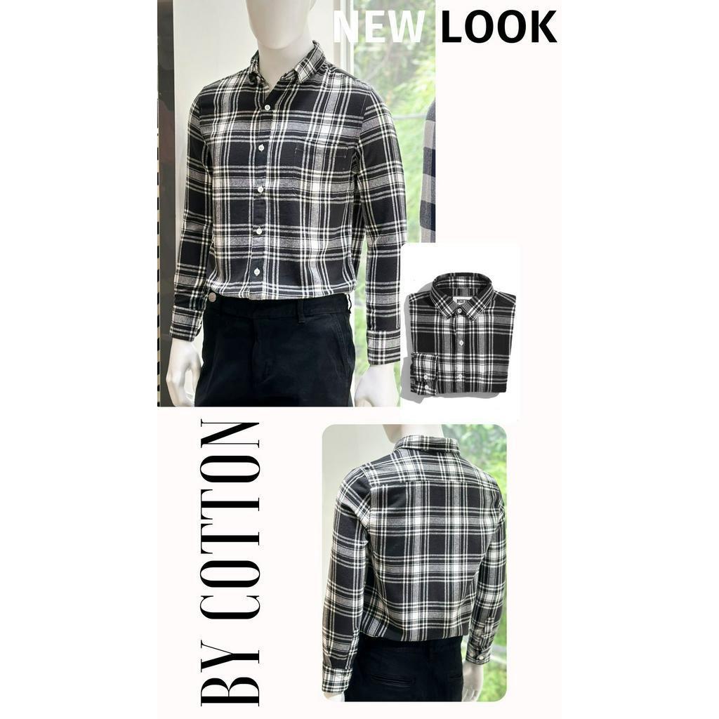 Áo Sơ Mi Nam Dài Tay Phối Sọc BY COTTON Caro Lớn Trắng Đen