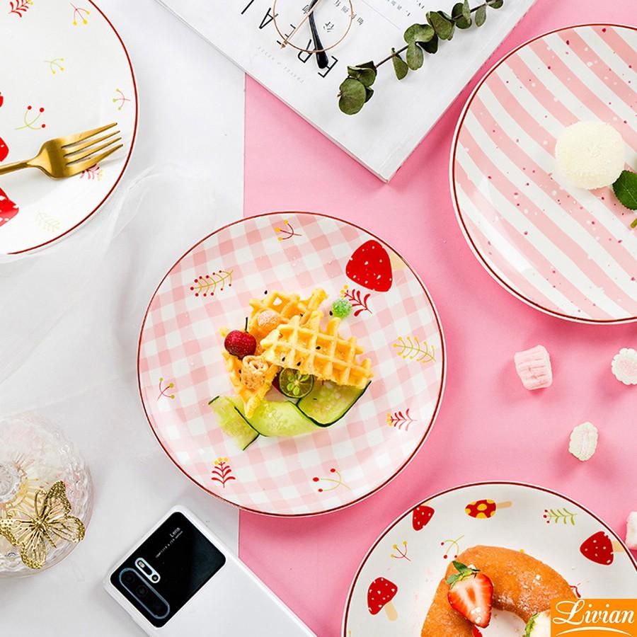 Sét 4 đĩa nấm lùn, đĩa sứ trang trí bàn ăn họa tiết nấm hồng cực xinh 20.3cm