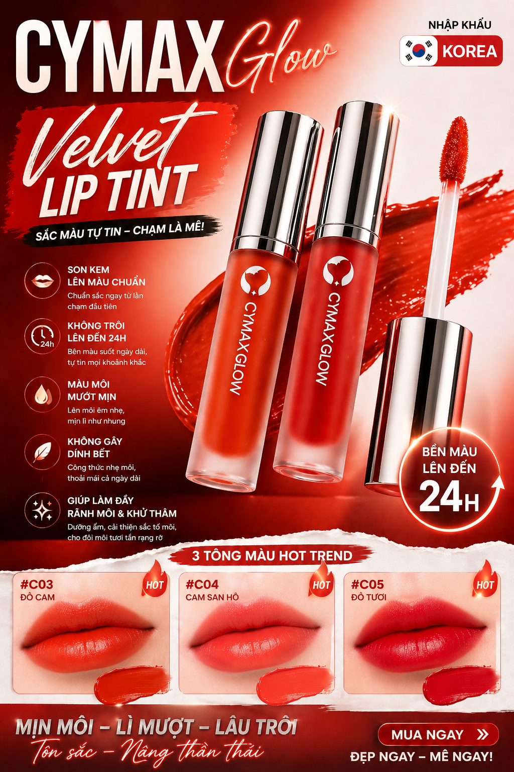 Son Kem CYMAX Glow Velvet Lip Tint - Lì Mịn Như Nhung, Căng Mướt Môi Chuẩn Hàn - Không Trôi