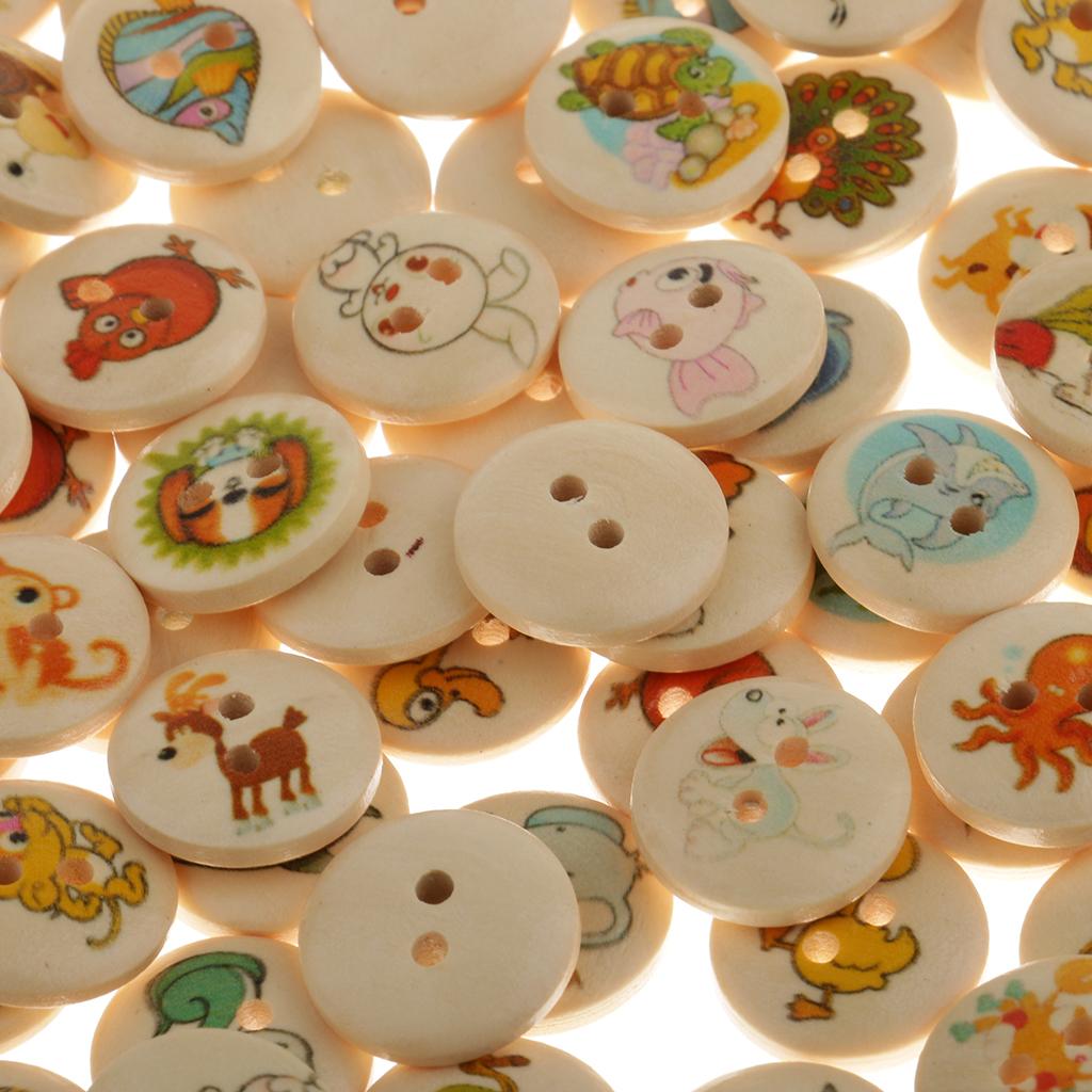 100pcs 15mm Animal Printed 2-Hole Flat Buttons Wood Button for Sewing Craft