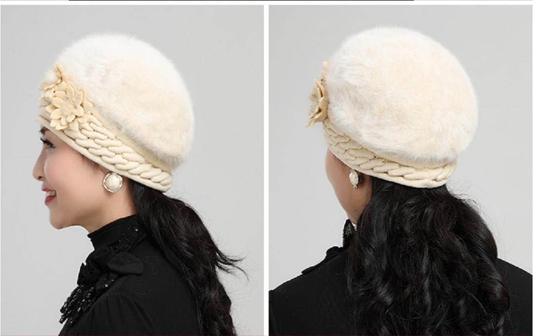 mũ nồi len lông thỏ gắn hoa đôi phong cách Hàn, nón len cho người lớn tuổi