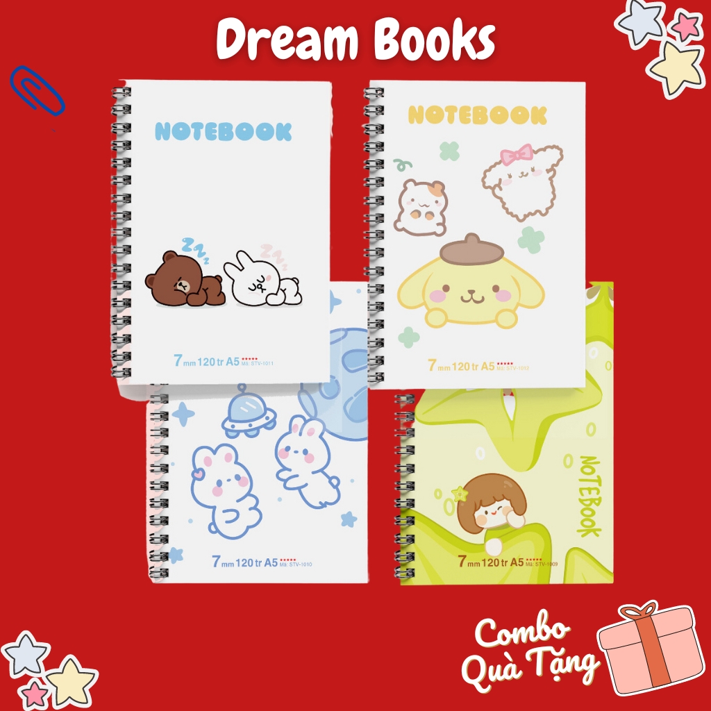 Sổ lò xo A5 ruột kẻ ngang TUANVIET BOOKS 120 trang- Bìa sổ Cute phù hợp ghi chép, nhật ký