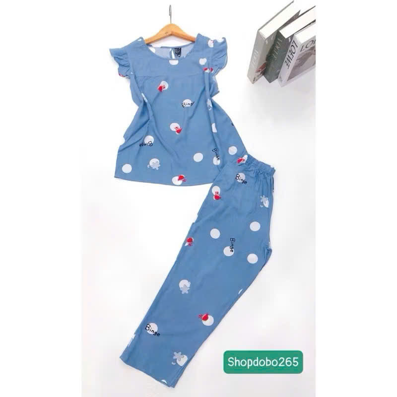 Đồ bộ nữ,đồ ngủ mặc nhà lửng 9 tấc tay cánh tiên vải lanh BL 57 họa tiết dễ thương size 51-70kg