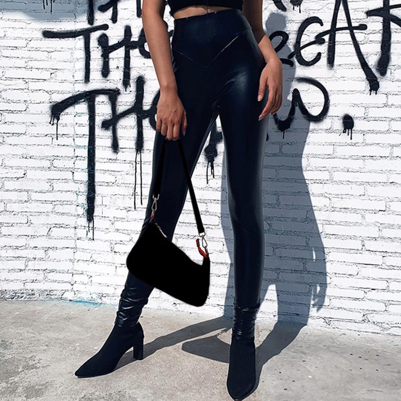 Fashion Women Winter PU Leather Pants Solid Color High Waistline Bodycon Warm Sexy Casual Trousers