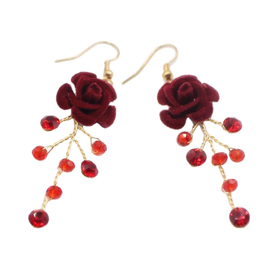Bridal Red Crystal Drop Earrings Wedding Party Bridal Velvet Rose Earrings