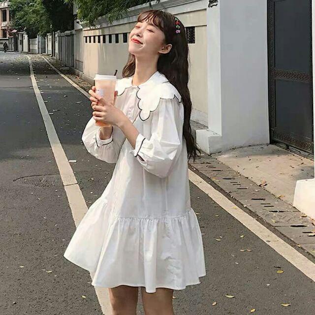Đầm babydoll nữ màu trắng, đầm suông nữ dài tay, đầm dạo phố tay dài, đầm nữ bánh bèo, đầm uzzlang, đầm nữ thiết kế bánh