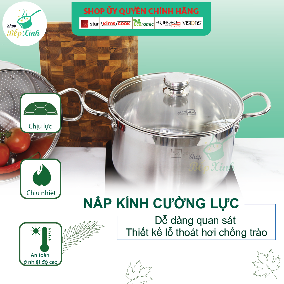 Bộ Nồi Xửng Hấp Inox 430 Bếp Từ 3 Đáy Nắp Kính Fivestar Tặng 5 Muỗng Ăn (28cm)