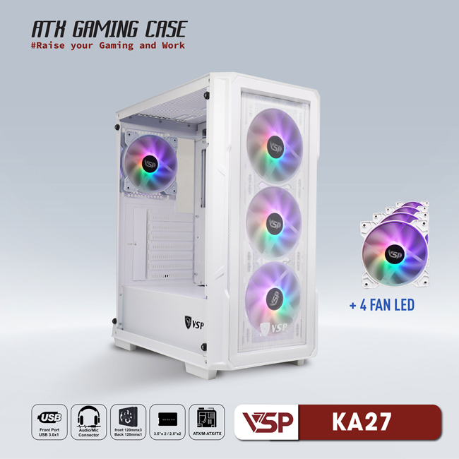 Vỏ máy tính Case VSP KA27 [TRẮNG] sẵn 4 Fan LED ~ Gaming 2 mặt kính cường lực (M-ATX/ITX) - Hàng chính hãng TECH VISION phân phối