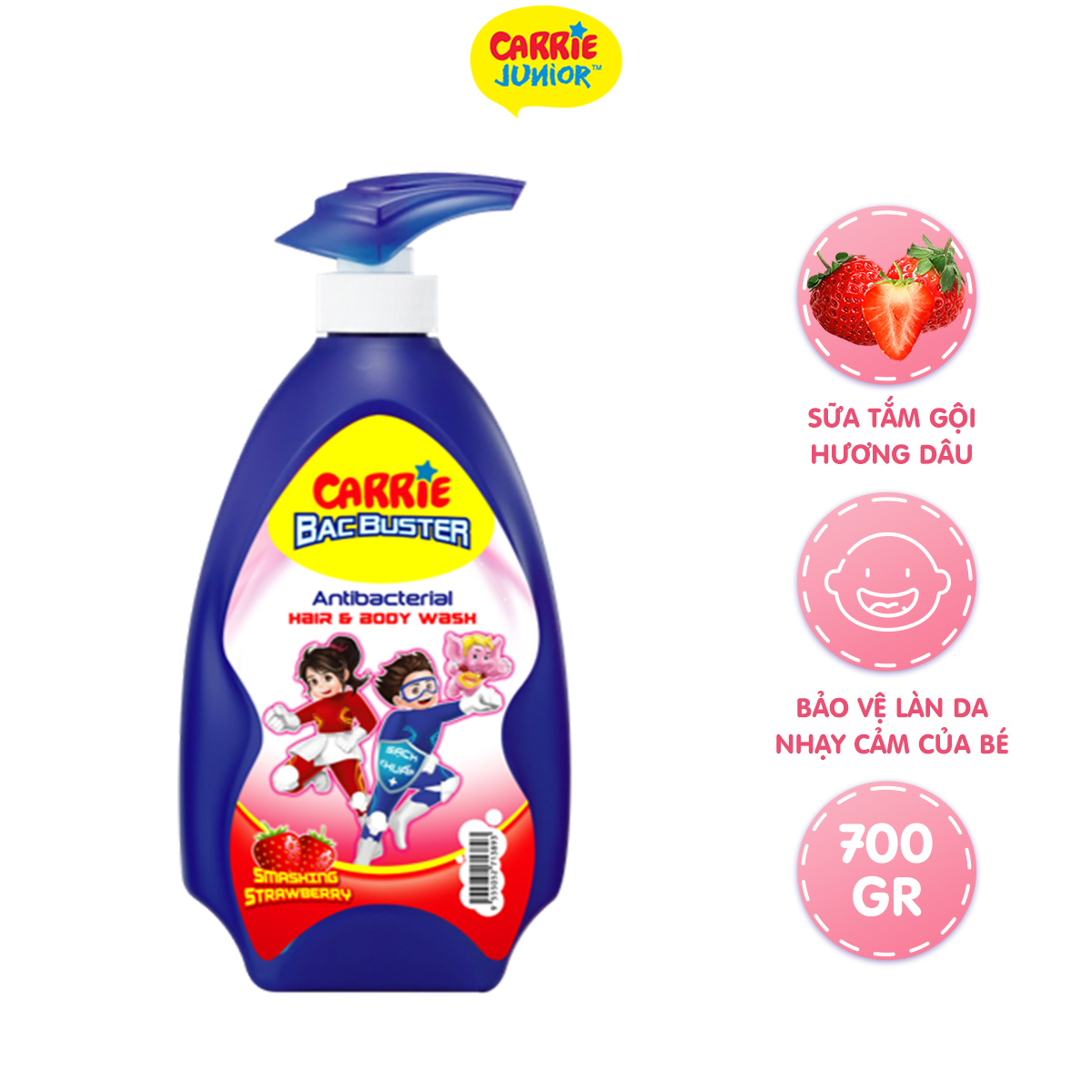 Sữa Tắm Gội Sạch Khuẩn Carrie Junior BacBuster Hương Strawberry 700G