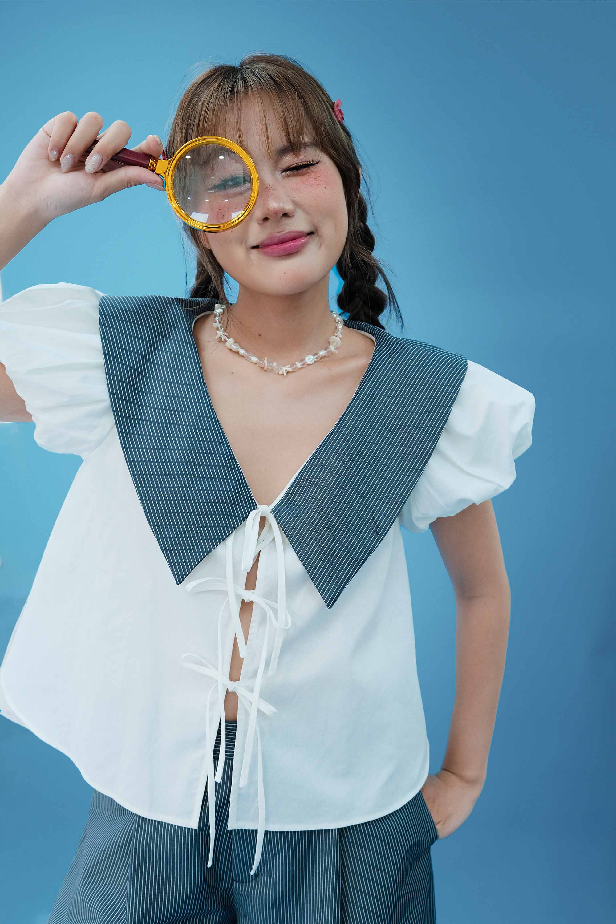 DOTTIE - Áo kiểu tay phồng phối vải - Trắng kem - T1119