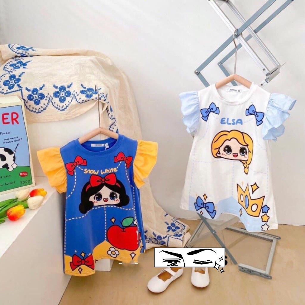 Đầm váy suông tay phồng mùa hè cho bé gái hình Công chúa bạch tuyết Elsa size 12-40kg chất cotton mềm mát