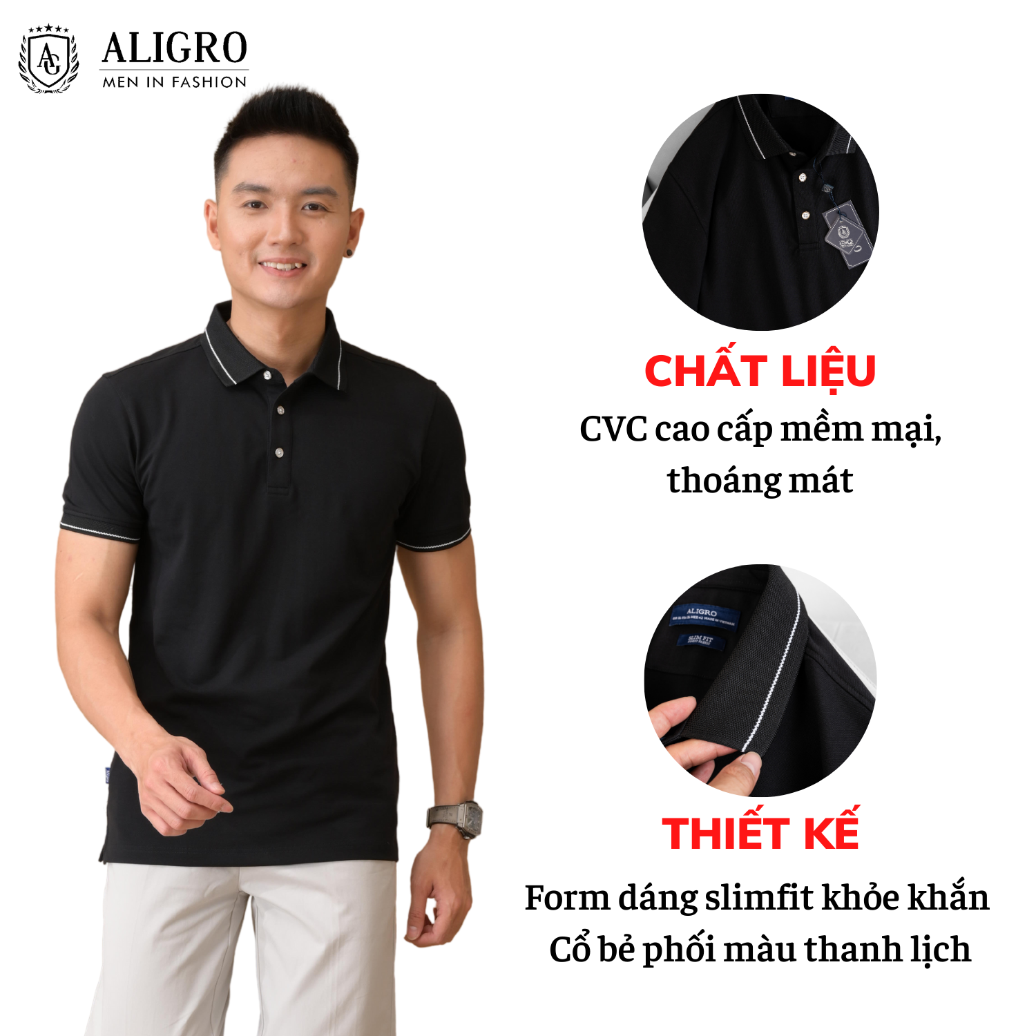 Áo plo nam ngắn tay ALIGRO màu đen cổ phối chất liệu cao cấp, thoáng mát, thấm hút mồ hôi ALGPLO74