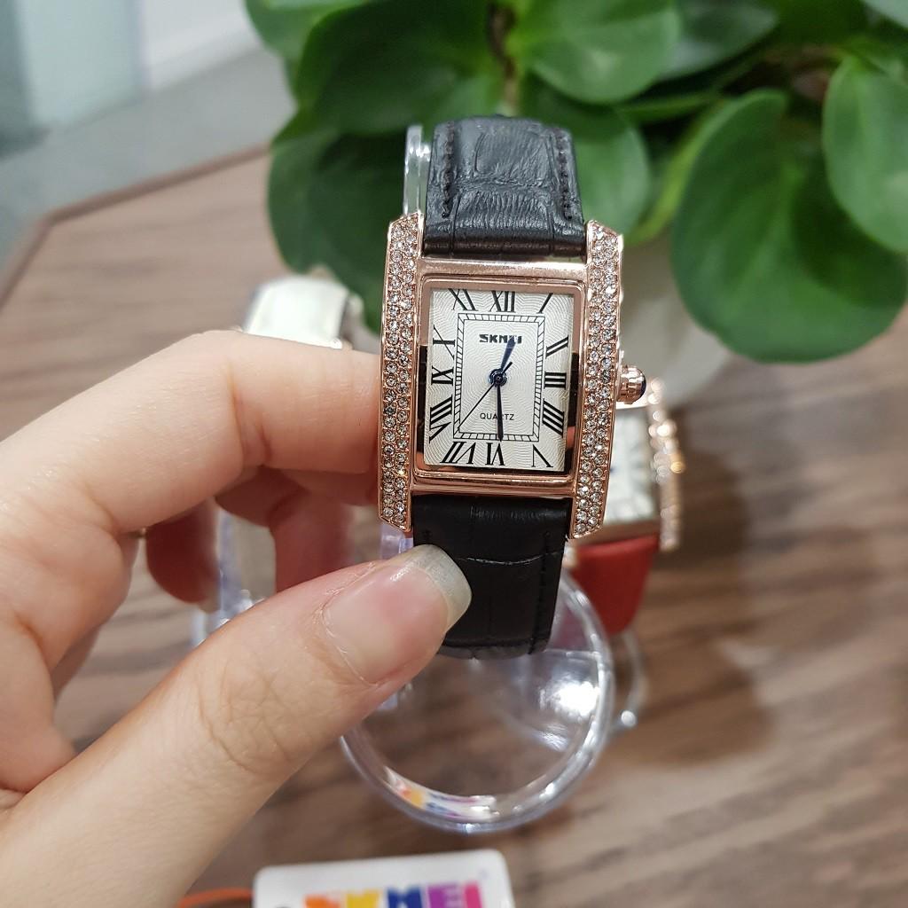 Đồng hồ nữ SKMEI dây da đỏ mặt vuông đính đá chính hãng Tony Watch 68