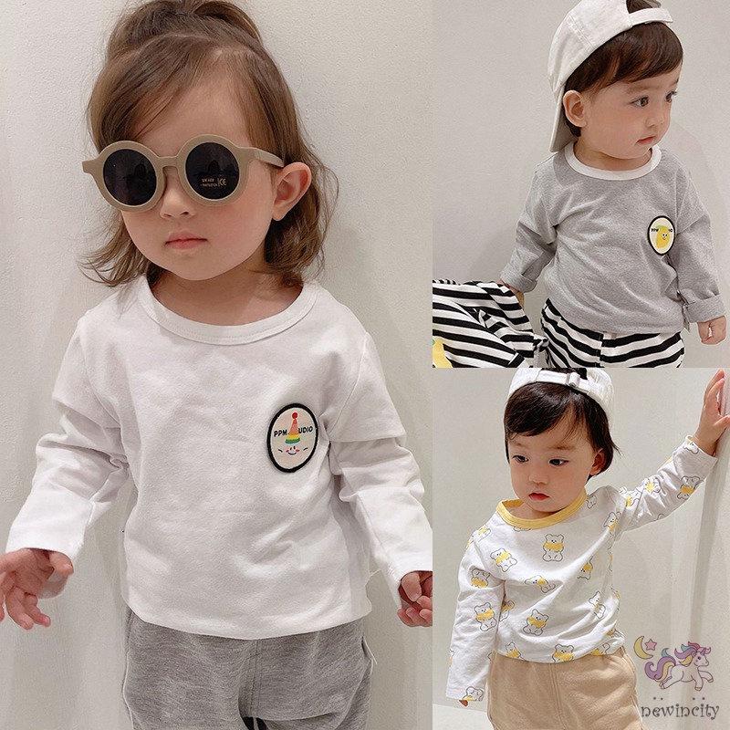 Áo Thun Tay Dài Vải Cotton In Hoạt Hình Kiểu Hàn Quốc Dễ Thương Cho Bé