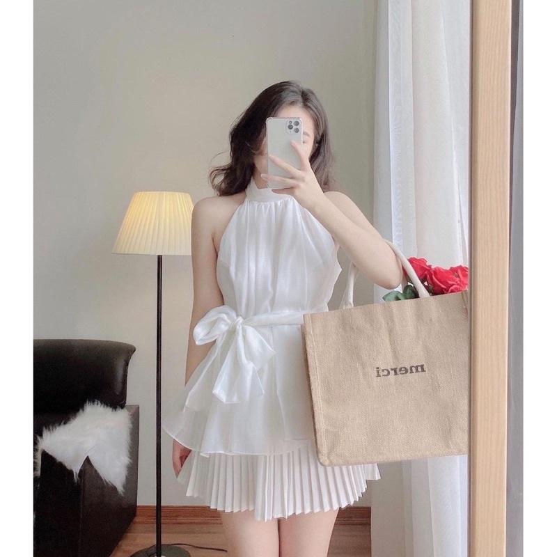 Áo cổ yếm buộc nơ voan lụa mặc 2 kiểu kèm hình thật