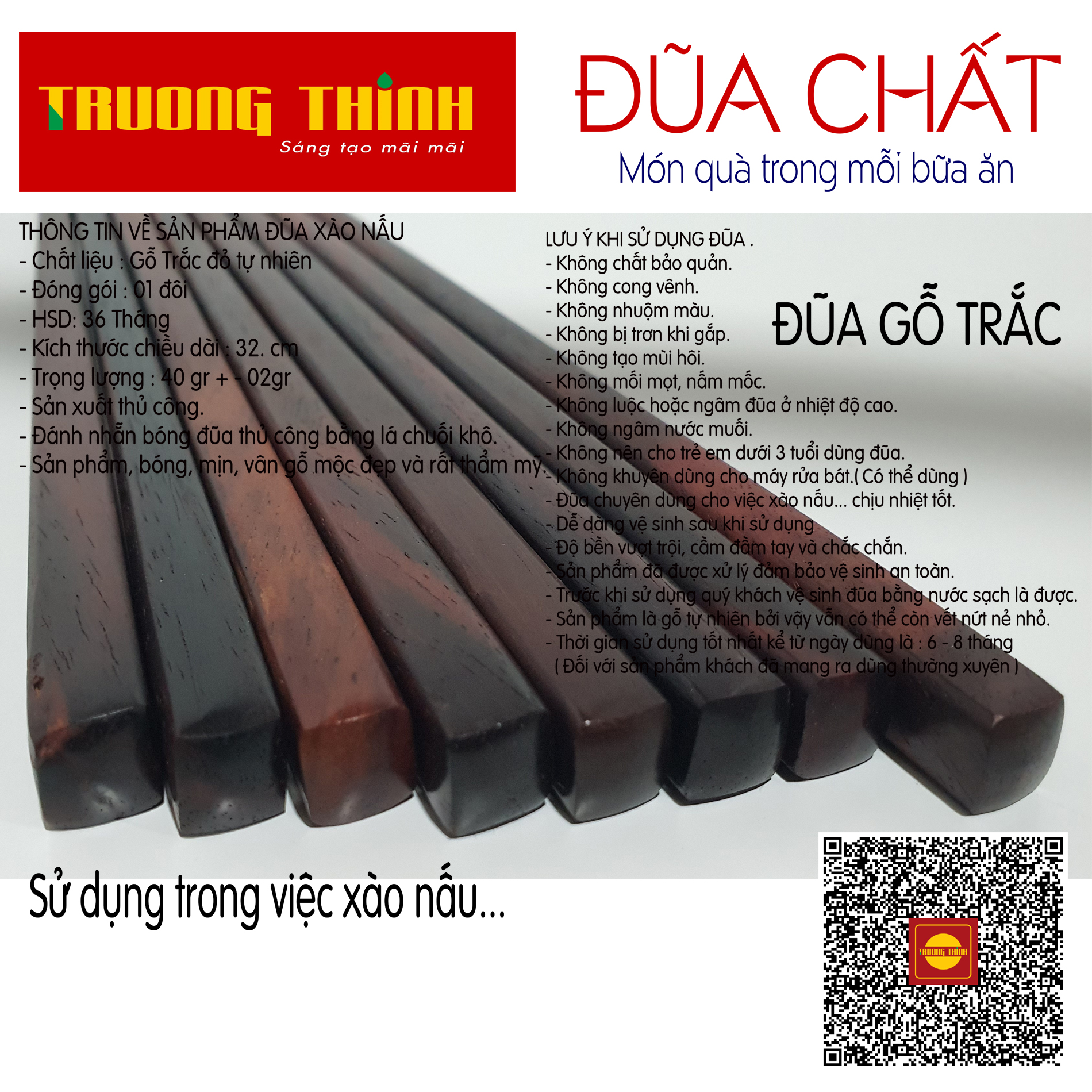 Đũa Xào Nấu Gỗ Trắc Trường Thịnh Sang Trọng Bền Đẹp Không Nấm Mốc - Dài 32 cm - 01 Đôi Vuông