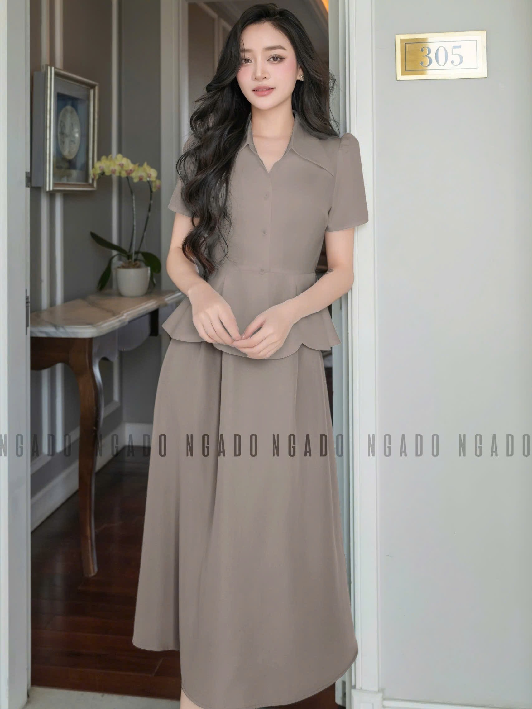 Set áo váy peplum nâu NGADO , set áo váy dài , set áo váy kiểu Nữ