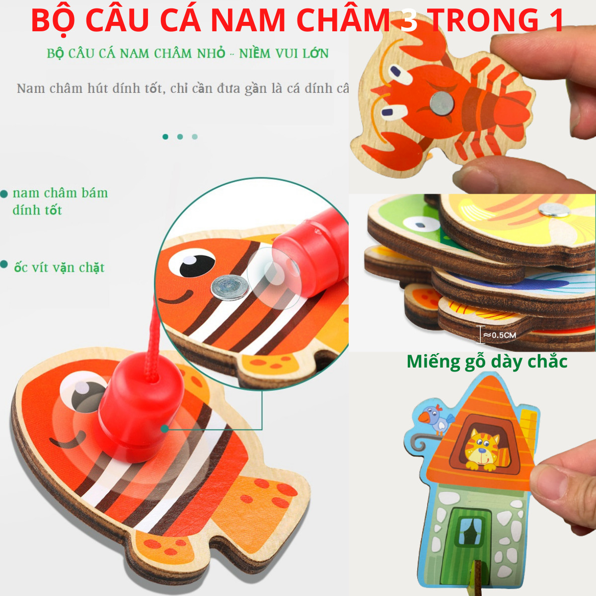 Đồ chơi câu cá gỗ 3 trong 1 hộp tròn xếp hình 24 mảnh 3D câu cá nam châm cho bé từ 3 tuổi