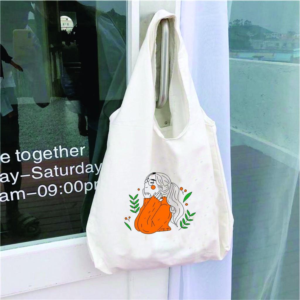 Túi tote vải canvas mềm in hình cô gái áo cam siêu hót