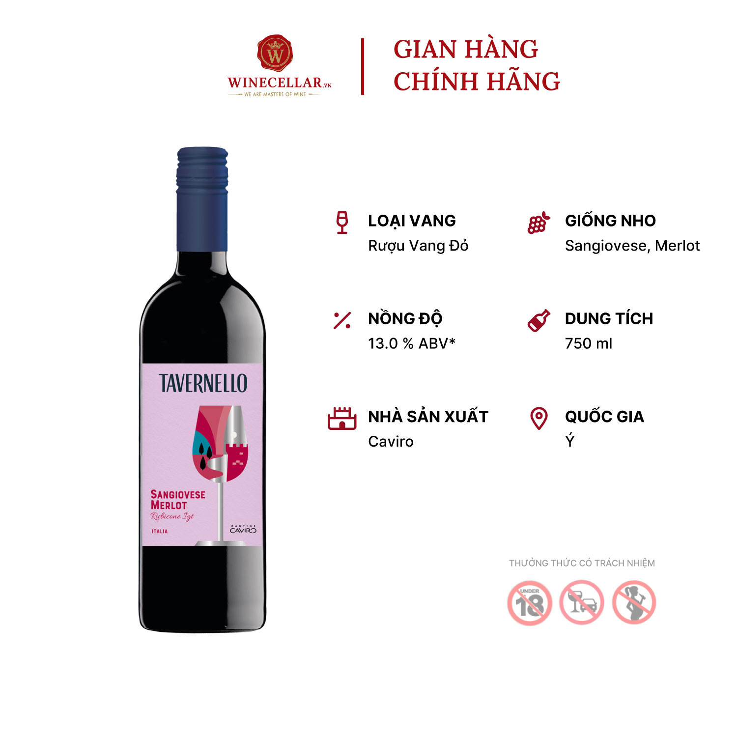 Rượu Vang Đỏ Tavernello Sangiovese Merlot Rubicone - Nhập Khẩu Chính Hãng