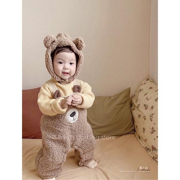 Set body yếm lông gấu rời kèm áo len tay dài kèm mũ lông tai gấu cho bé trai và bé gái - yếm thu đông ấm- áo quần trẻ em
