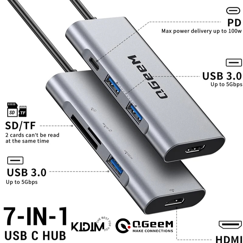 Hub Chuyển Đổi QGeeM Type C 7 trong 1 hỗ trợ chip M1 M2 Type C(Thunderbolt 3) sang HDMI 4K, 1 x USB-C sạc nhanh PD 100W, 3 x USB 3.0, 1 khe đọc thẻ SD&amp;TF - Hàng Chính Hãng