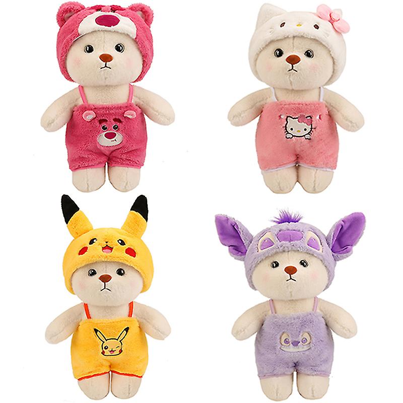 Gấu Bông Teddy Lena Đội Mũ Đeo Yếm Lotso, Stitch, Pikachu Cực Cute 32cm Cao Cấp