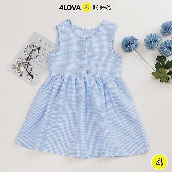 Váy bé gái công chúa sát nách 4LOVA thô cotton họa tiết kẻ xinh xắn, thoáng mát