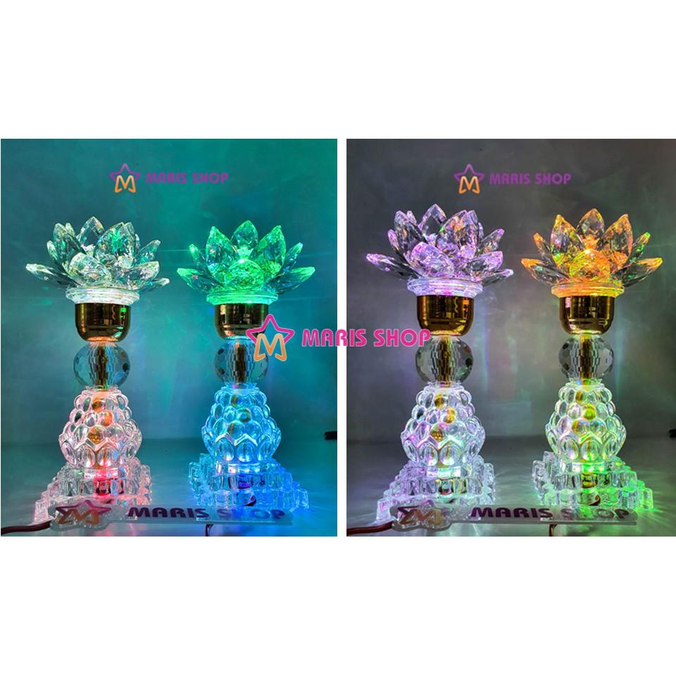 Đèn bàn thờ hoa sen pha lê cao cấp nguyên khối LED đổi màu tự động cao 25cm