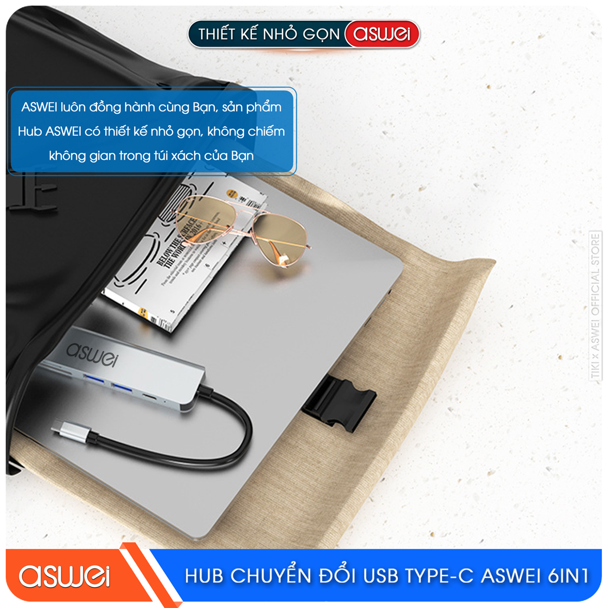 Hub Chuyển Đổi USB Type C ASWEI 6 in 1 - HDMI, USB 3.0, SD, TF, PD 100W Tốc Độ Cao - Hàng Chính Hãng