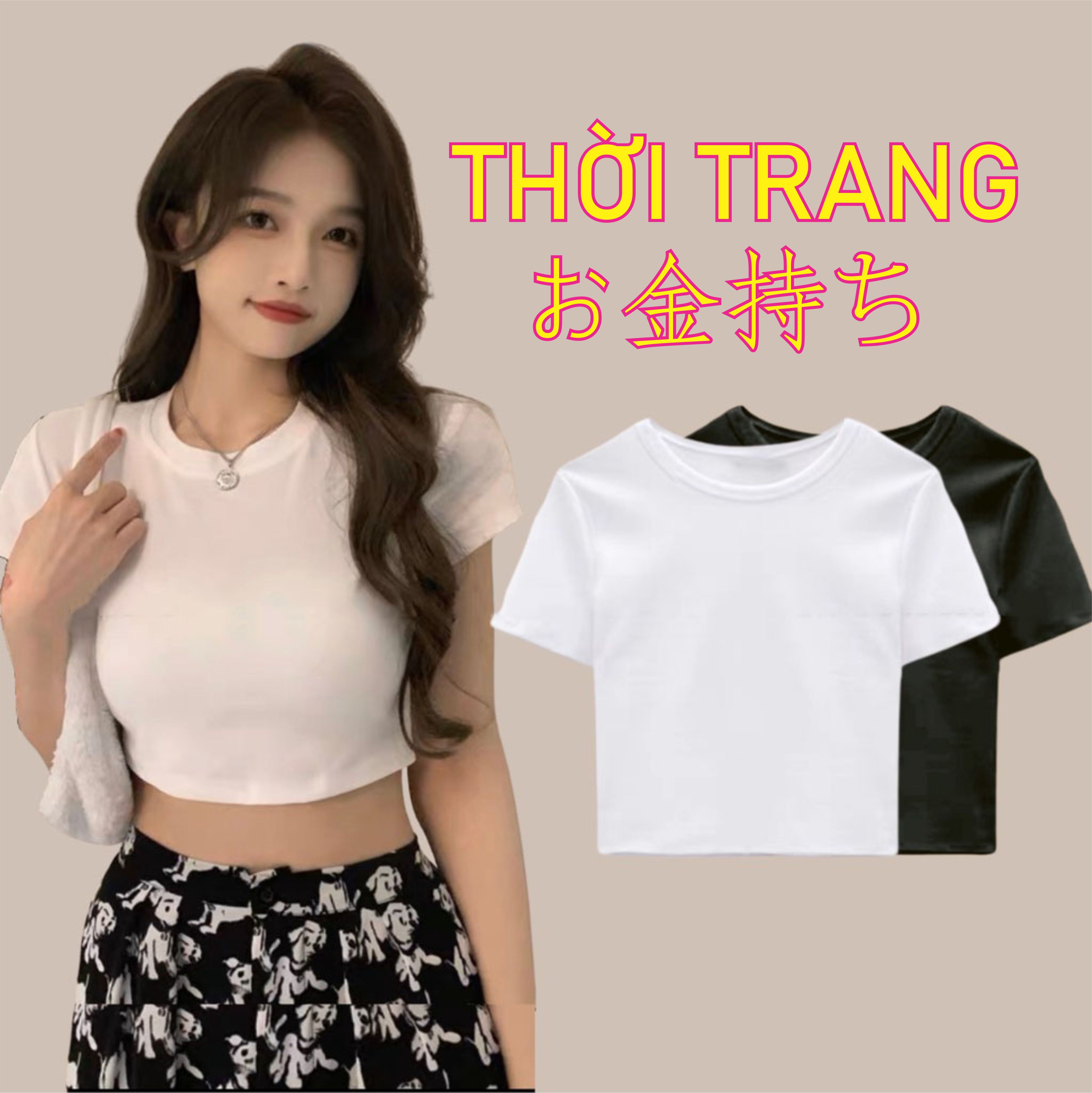 Áo Croptop Hottrend Tay Ngắn Màu Đen Trắng Cổ Tròn Vải Cotton Thun Ôm Body Co Giãn Tốt 313