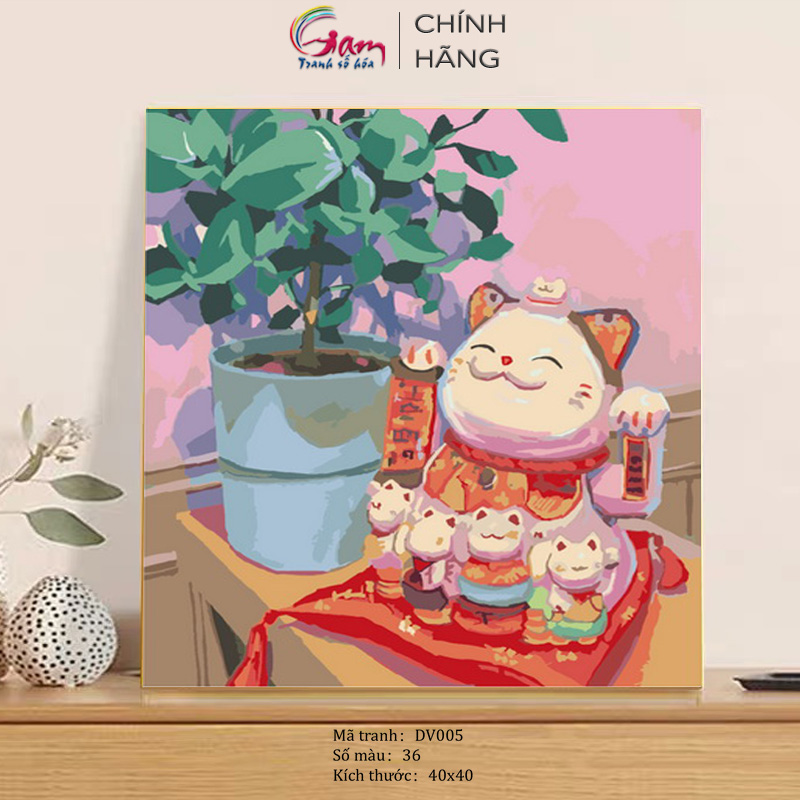 Tranh Tô Màu Theo Số GAM mẫu Mèo Thần Tài dễ tô kích thước 40x40cm DV005