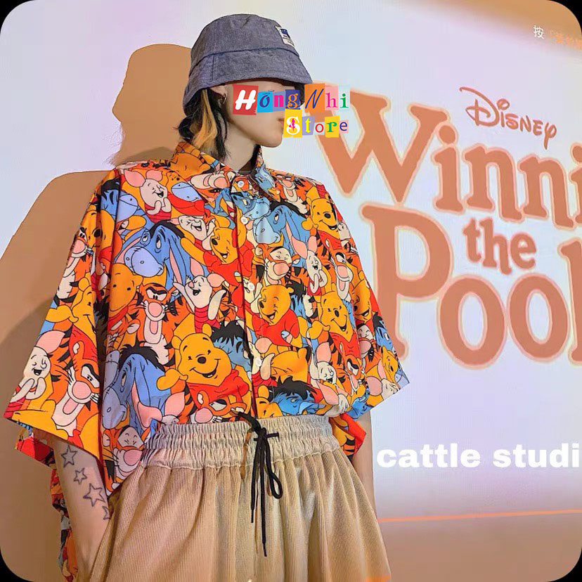 Áo Sơ Mi Hoạ Tiết Đi Biển Gấu Pooh Hoạt Hình Tay Lỡ Dáng Rộng Ulzzang Unisex - MM