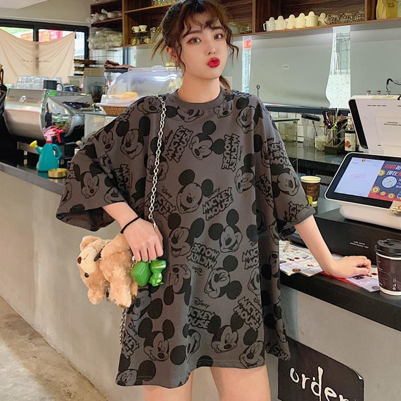 Áo thun tay ngắn cổ tròn dáng rộng in họa tiết hoạt hình đáng yêu cho nữ