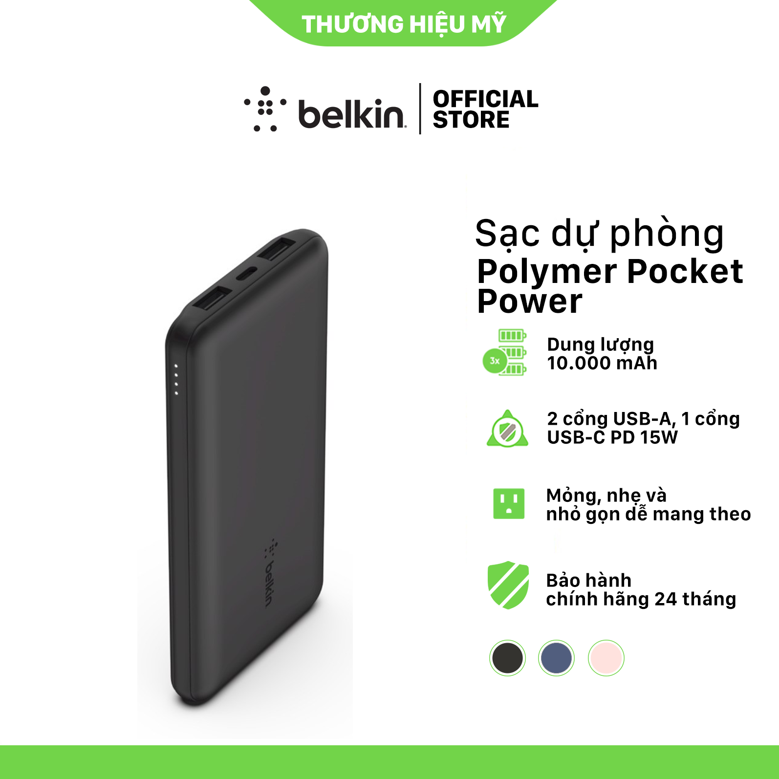 Pin sạc dự phòng Polymer Pocket Power 10,000 mAh, 15w PD, cáp đi kèm A-C Belkin - HÀNG CHÍNH HÃNG - BPB011bt