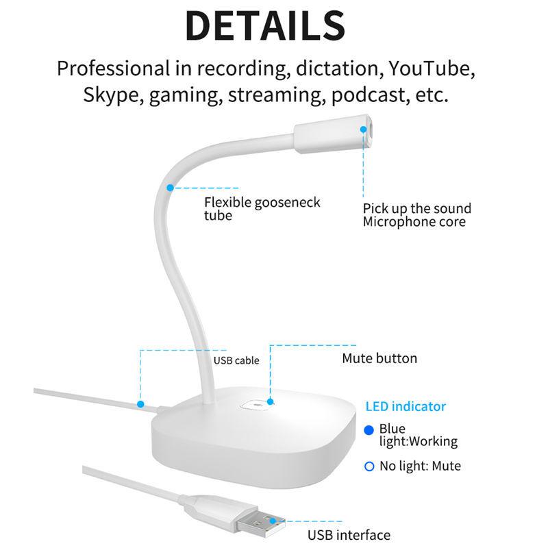 Micrô ngưng tụ microfono có thể điều chỉnh có dây USB cho máy tính PC YouTube Podcast Micro Màu sắc: Trắng