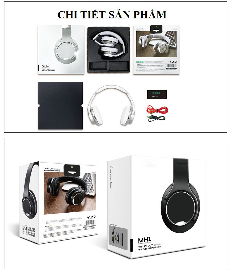 Tai Nghe Chụp Tai Bluetooth Kiêm Loa Di Động MH.1 Với 4 Chế Độ Nghe Nhạc Cực Đỉnh.